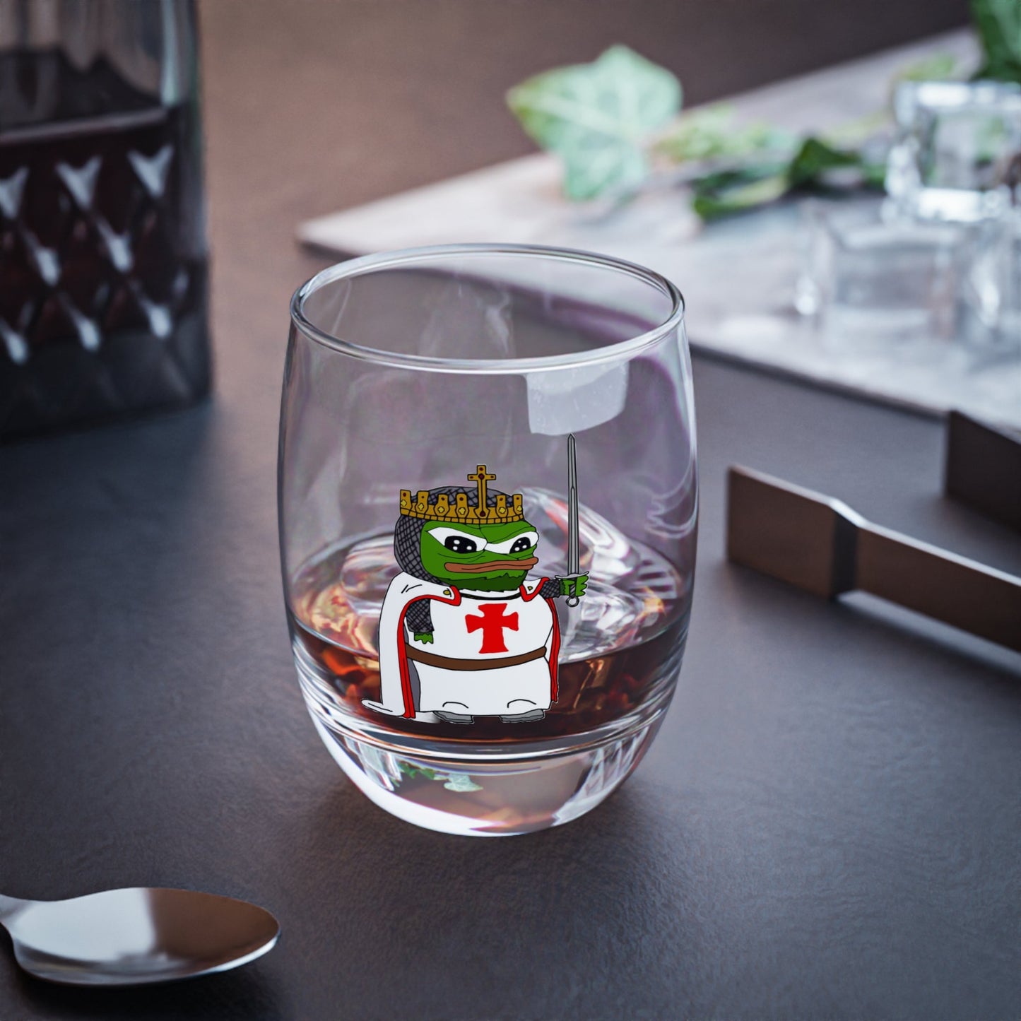 Pepe the Crusader Knight Whiskey Glass - Deus Vult Rocks Glass - 4LibertyShop.com