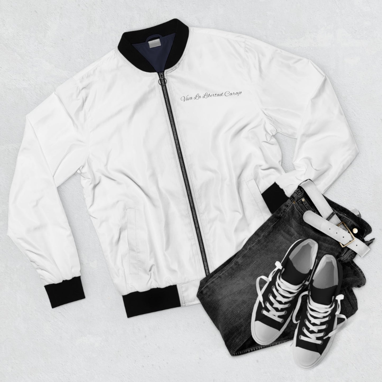 "Viva La Libertad Carajo" Javier Milei White Bomber Tribute Jacket - 4LibertyShop.com