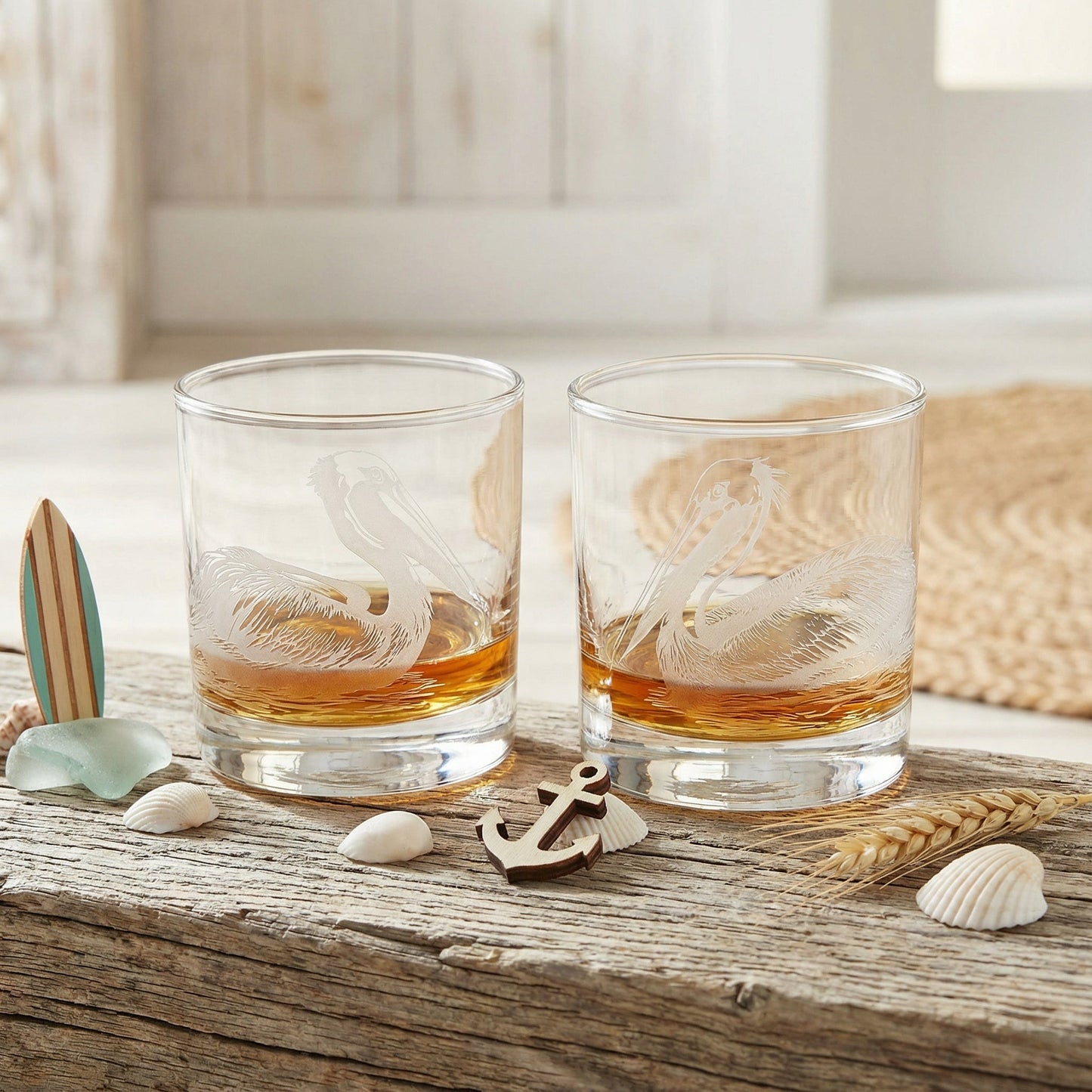 Pelicans Sand Carved Etched Whiskey Glasses Set of 2