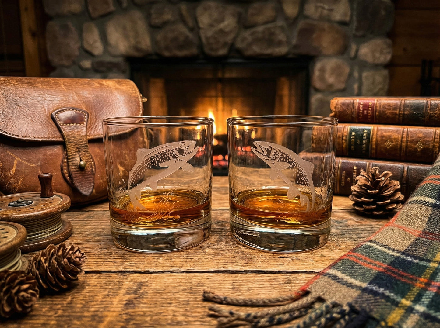 Trout Sand Carved Old Fashion Glasses Set of 2