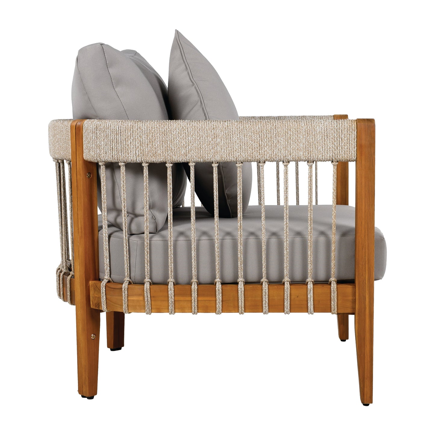 Acacia Wood Outdoor Club Chair with Handwoven Rope Accents & Curved Backrest