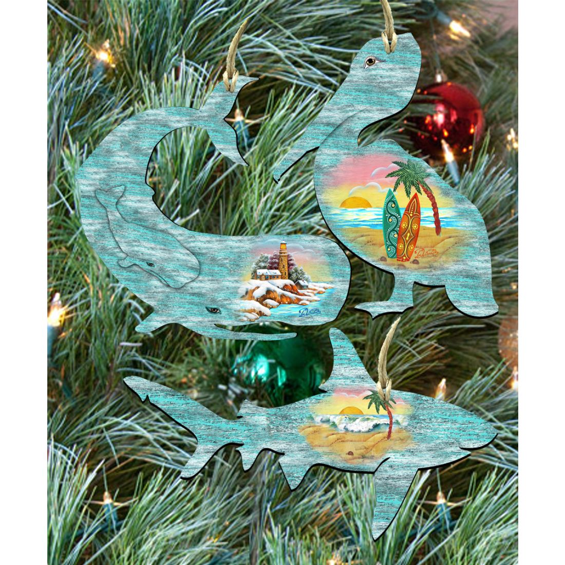 Coastal Wooden Ornaments-Whale,Shark,Pelican-Set of 3 by G. DeBrekht - Coastal Holiday Decor - 8100047S3