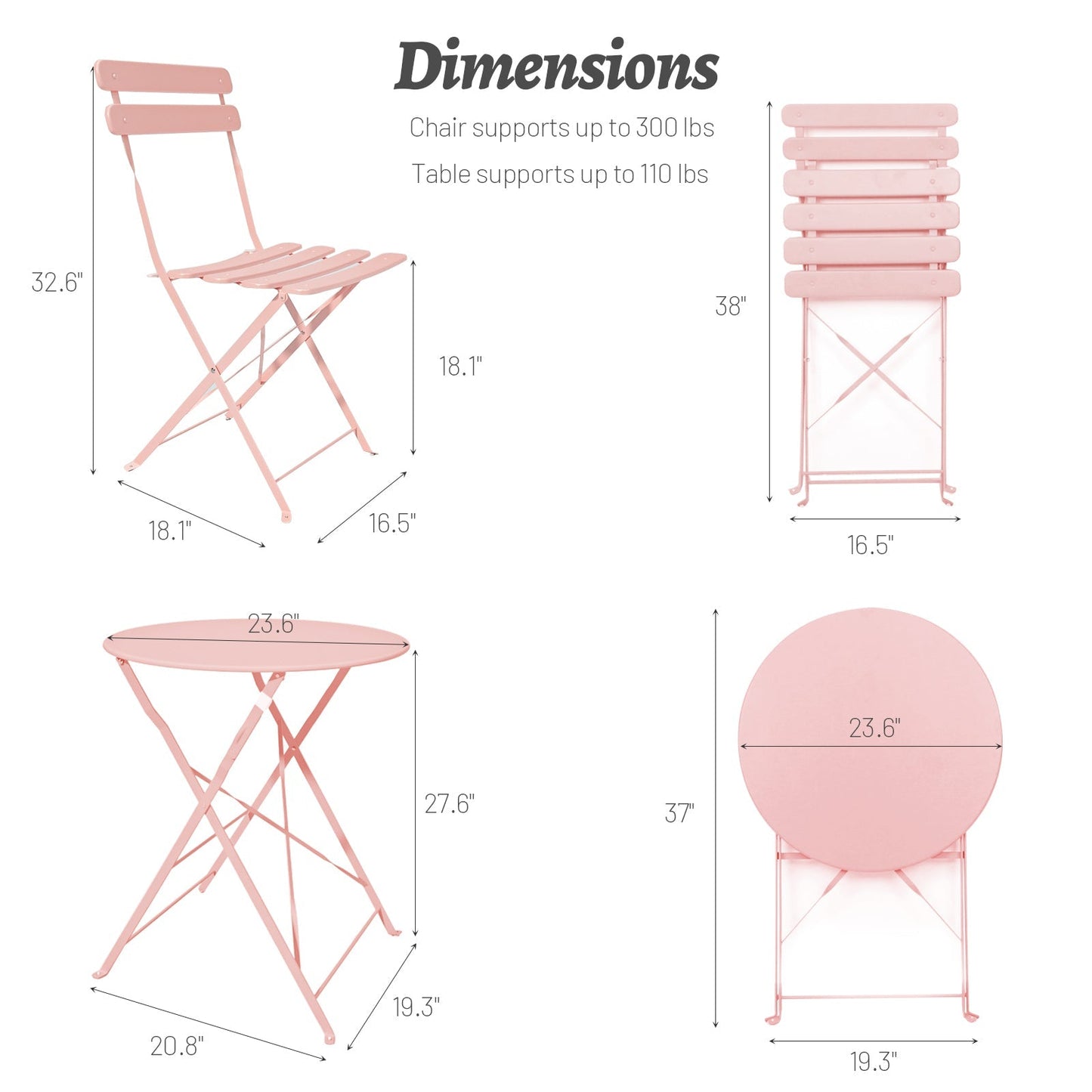 3 Pieces Patio Bistro Balcony Metal Chair Table Set - Pink