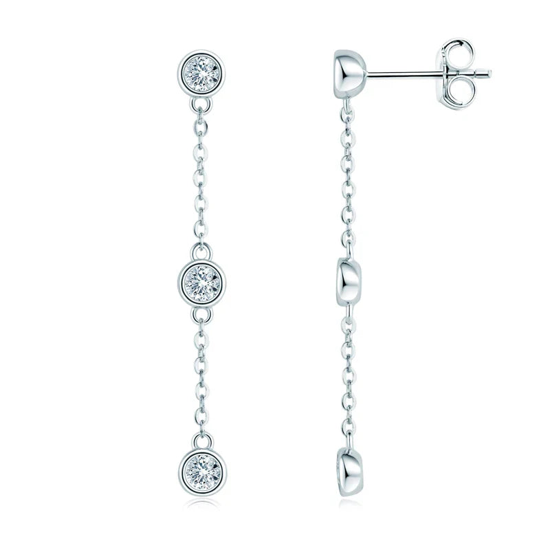 3mm VVS1 Moissanite Long Drop Tassel Earrings 925 Silver Bezel Set Dangle