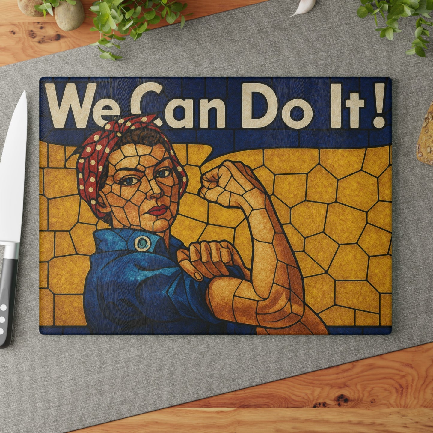 Stained Glass Rosie the Riveter Glass Cutting Board - Premium Patriotic Kitchen Decor