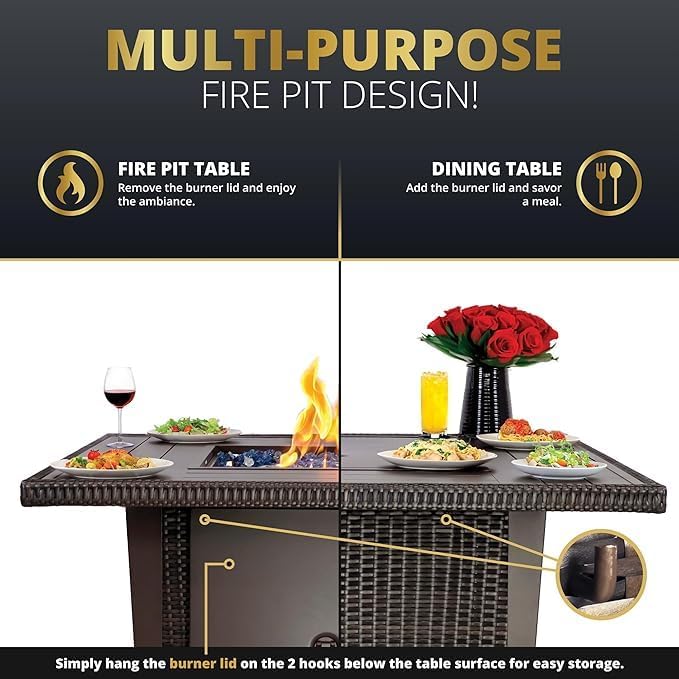 42 Inch Outdoor Propane Fire Pit, 50,000 BTU Gas Fire Pit Table with Lid, Wind Guard, Cover, and Glass Stones, Brown Squre Rattan Gas Firepit Table for Patio, Terrace, Garden, CSA Certification