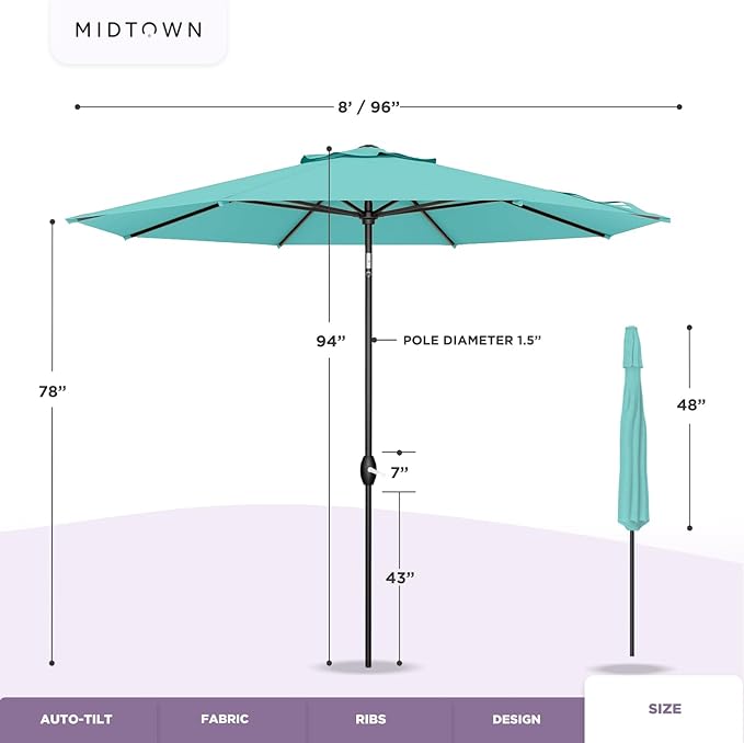 Midtown Umbrellas The Lean 8 Feet Outdoor Umbrella With Terylast Cobalt Stripes (Blue/White Stripes) Polyester Fabric - Auto-Tilt Aluminum Frame Patio Umbrella For Deck, Garden, Pool - Black Pole