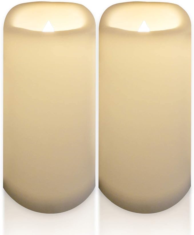 CANDLE CHOICE Waterproof Outdoor Battery Operated Flameless Candles with Timer Large Plastic Resin Bright Flickering Electric LED Pillars Lantern Garden Wedding Christmas Decorations 4โ(D)x10โ(H) 2PCS
