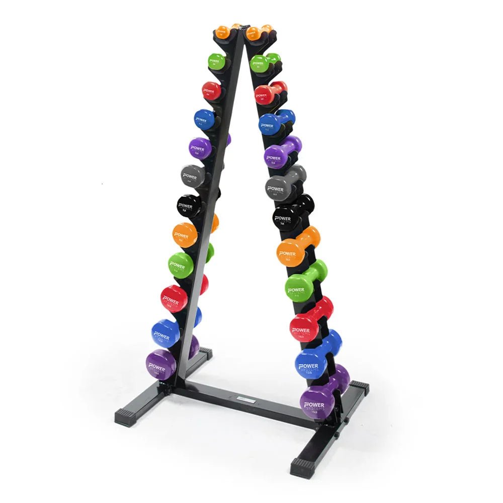 Power Systems Neoprene/Vinyl Dumbbell Vertical Rack with Deluxe Vinyl DB Prime Set 1-15 lbs
