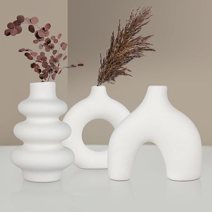 Ceramic Vase Set of 3, Small Flower Vase for Home Decor, Decorative Vases for Pampas Grass & Dried Flowers, Living Room, Bedroom, Bathroom, Shelf Centerpiece Table Decorations