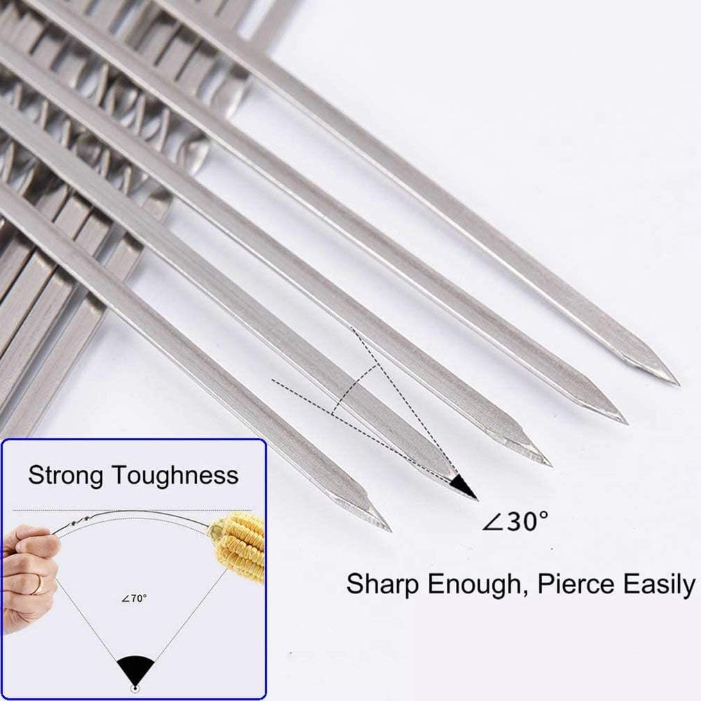 12PCS Kabob Skewers Flat Metal Stainless Steel BBQ Barbecue Skewer 14" Anti-Roll Heavy Duty Shish Kebob Sticks Wide Reusable Grilling Skewers Set for Meat Shrimp Chicken Vegetable Kebab Fork SausageâŠ