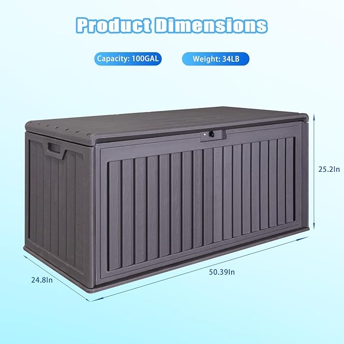 100 Gallon Waterproof Outdoor Storage Box, Outside Resin Deck Box for Patio Cushions, Garden Tools and Sports Pools Equipment