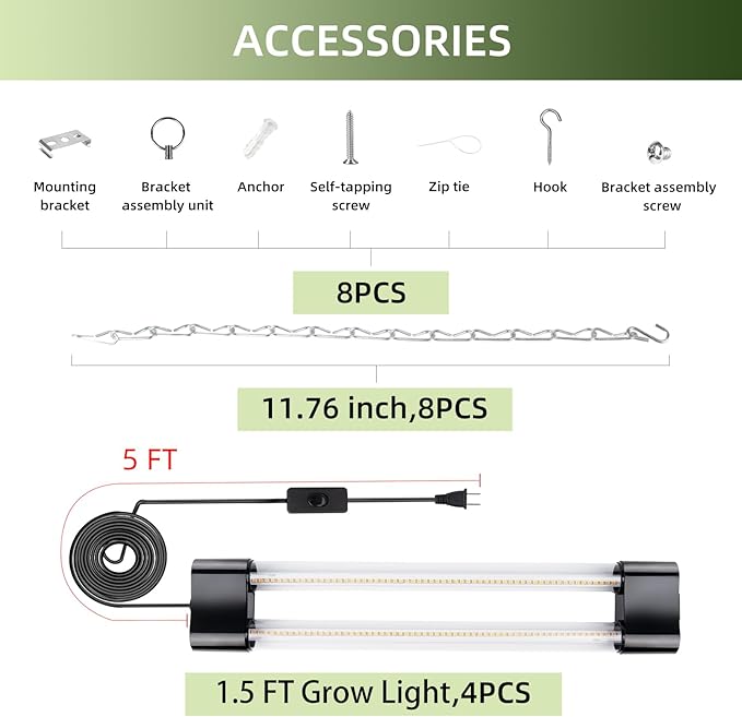 Hlite18inch 4 Pack LED Grow Lights - Linkable Grow Lights for Indoor Plants, Full Spectrum Plant Lights Plug and Hanging Design with On/Off Switch Hanging Grow Light from Seedling to Flowering, Black