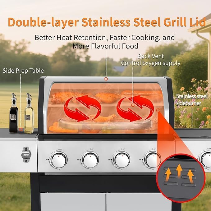 4-Burner Propane Gas Grill With Side Burner, 34,200 BTU Outdoor BBQ Grill with Stainless Steel Warming Rack & Enameled Cooking Grids โ Foldable Side Tables, Built-in Thermometer โ Heavy-Duty 6" Wheels