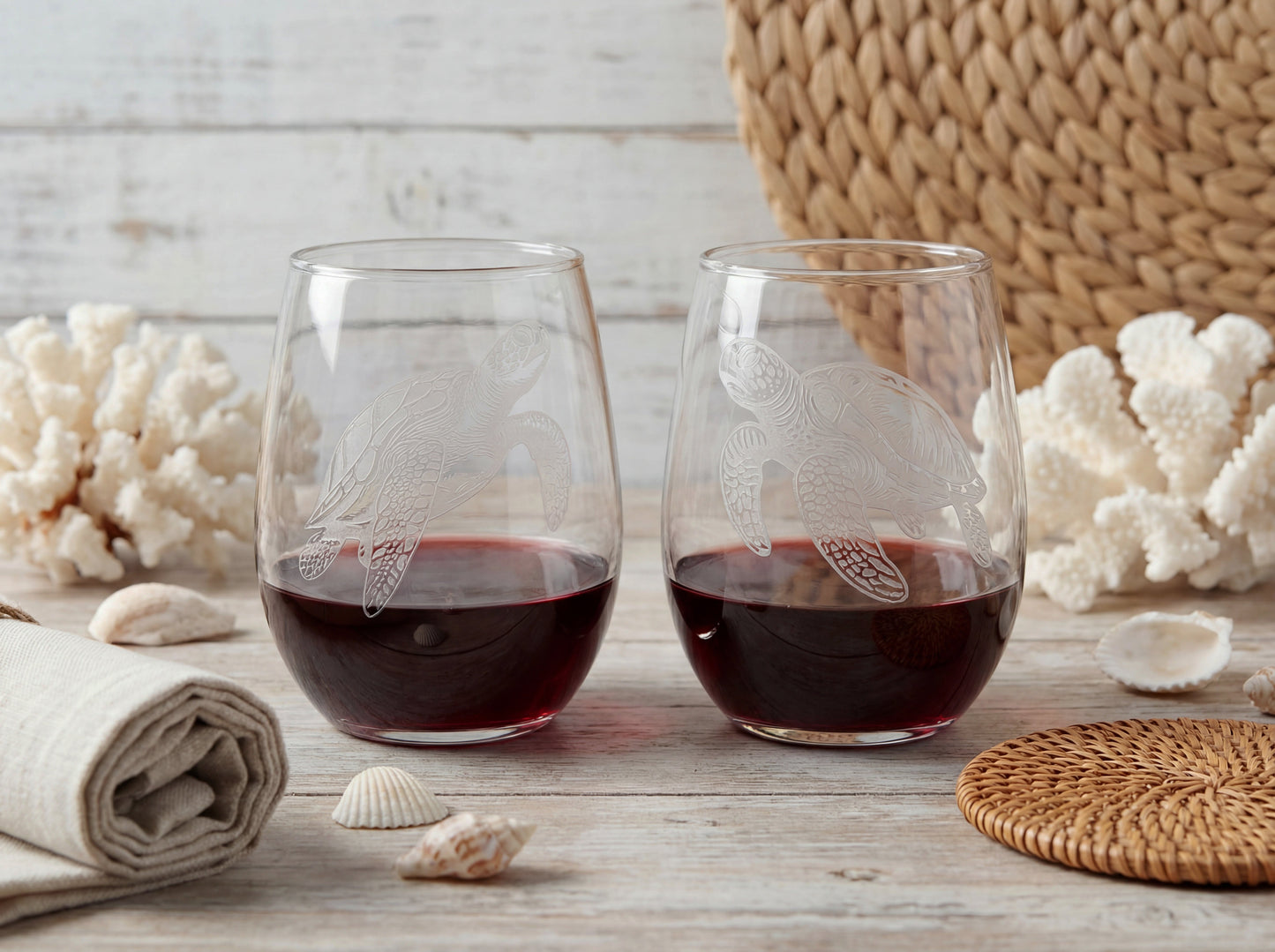 Sea Turtle Stemless Wine Sand Carved Wine Glasses Set of 2