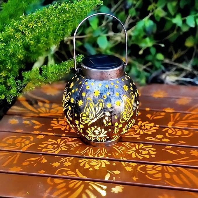 2 Pack Outdoor Solar Hanging Lantern Lights Metal LED Decorative Lamp for Garden Patio Porch Lawn and Table.Unique Gifts for Women Gardening. (Bronze Butterfly)
