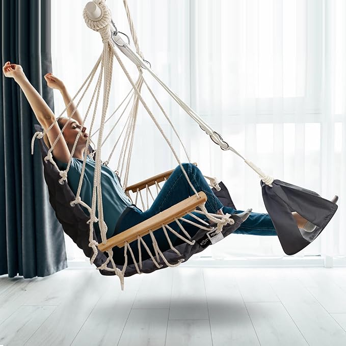 Patio Swing Chair with Adjustable Footrest & Headrest-Quilted Fabric&Steel Spreader Bar, Wooden Armrests for Porch/Garden;350lbs Capacity;Hardware kit Included Dark Grey