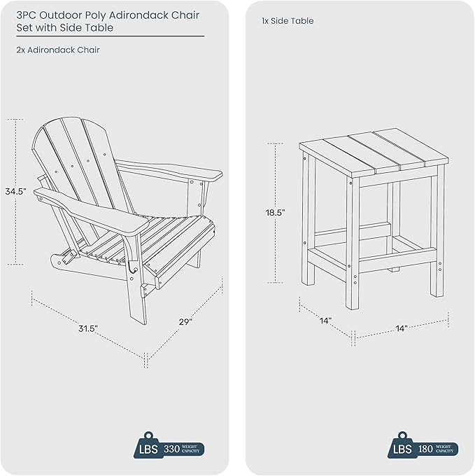 WO Home Furniture Adirondack Chair Table Set of 2 PCS Outdoor Folding Chair w Side Table Weather/UV Resistant for Lawn, Garden, Bon Fire, Balcony (Lime)