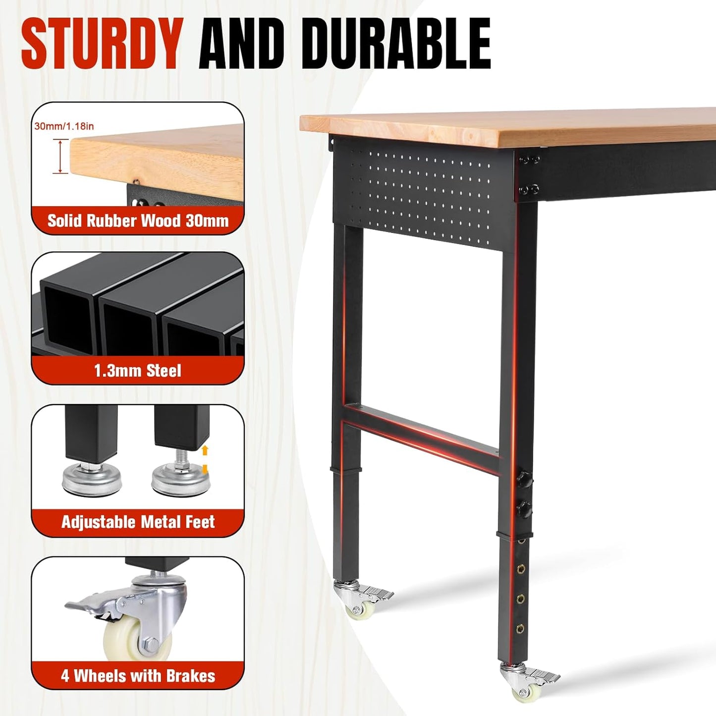 Adjustable Height Workbench, Heavy Duty Table Rubber Wood Workstation with Power Outlet & Pegboard for Garage, Office, Workshop, Home,Commercial (48"ร24"|Wheels)