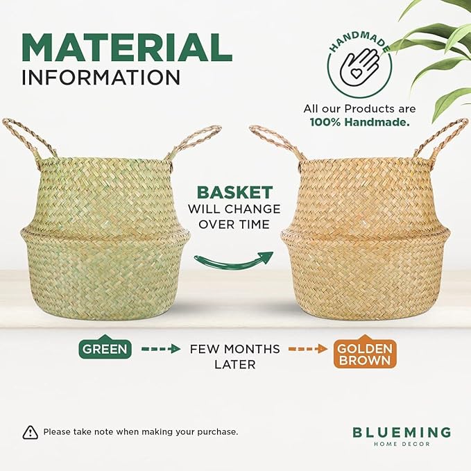 Basket Planter โ Seagrass Plant Pot for Artificial Olive Tree, Decorative 6-7 Inch Indoor Wicker Pot with Handles (Original, Small)