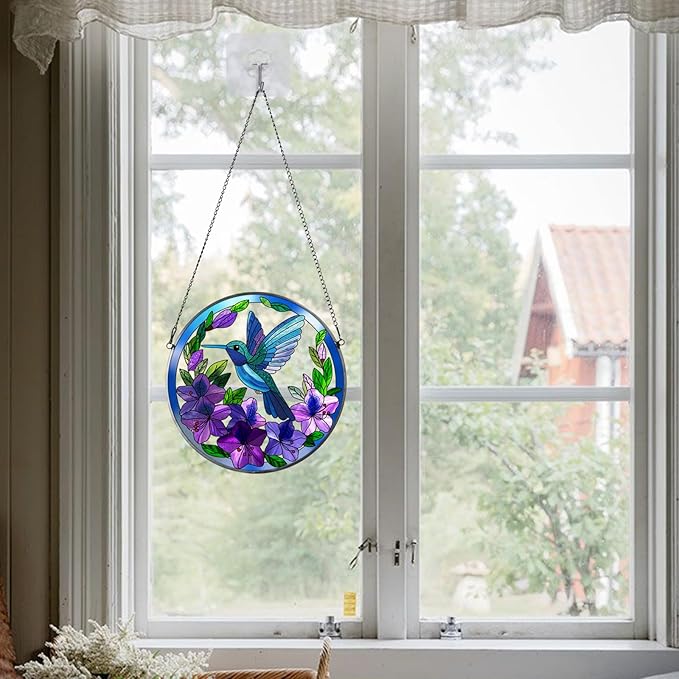 Stained Glass Sun Cather for Window Hanging, 6.3'' Hummingbird Window Ornament for Indoor Outdoor, Hand Painted Stain Glass Gift for Women, Bird Nature Lovers