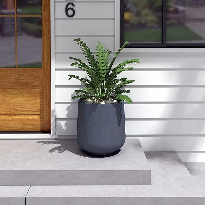 Kante 15.3" Dia Round Concrete Planter, Outdoor Indoor Large Plant Pots Containers with Drainage Hole and Rubber Plug for Home Garden Patio, Charcoal
