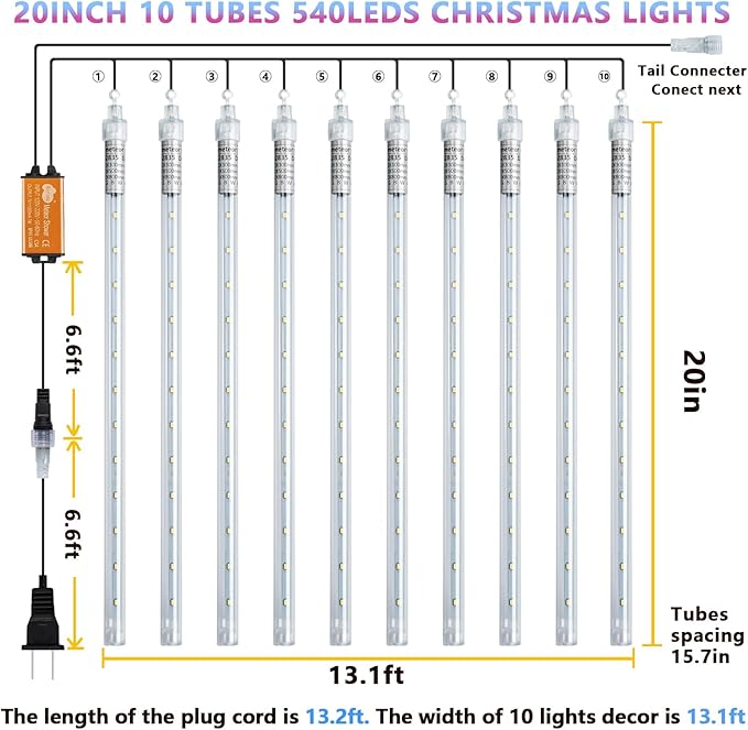 Meteor Shower Lights - 20 Inch 10 Tube 540 LED High Brightness Falling Rain Icicle Cascading Lights for Xmas Tree Roof Eaves Patio Decor