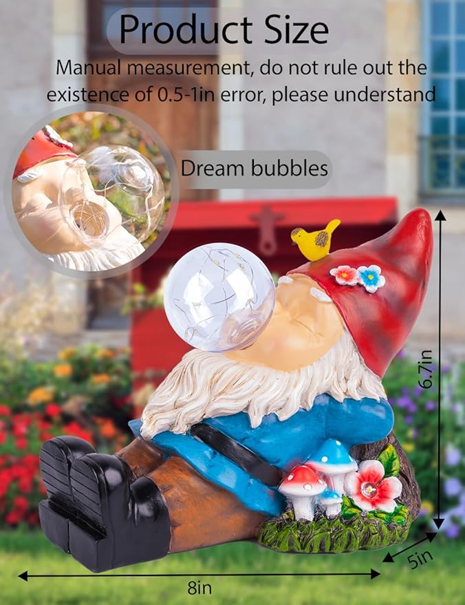 Solar Garden Statue Gnome Figurine Lights, Funny Sleepy Gnomes Dreaming, Outdoor Garden Decorations for Patio PorchïŒGifts for Women Mum