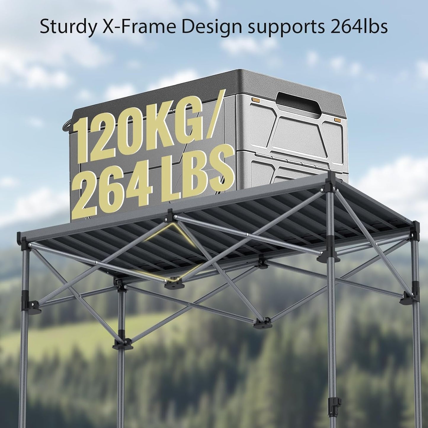 Camping Table Foldable, 2 Adjustable Height 34.2โ, Large Roll Up Camping Table Support 264lbs with Storage Basket and Bag, Aluminum Outdoor Table, for Picnic Travel BBQ, 39.4โ x 19.7โ, Black