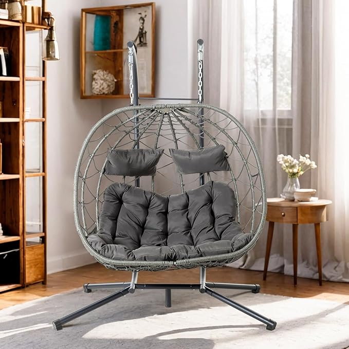 Double Egg Swing Chair with Stand, 2 Person Outdoor Indoor Hammock Hanging Chair with Cushion,Patio Wicker Hanging Egg Chair w/Cushion 700LBS Capacity for Bedroom, Balcony, Garden
