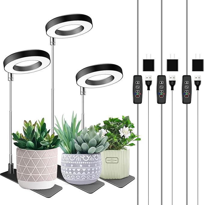 Plant Grow Light, 48 LEDs Full Spectrum Grow Light for Indoor Plants, Height Adjustable Small Halo Light with Base, 3 Optional Spectrums, Auto Timer 3/9/12Hrs, 10 Brightness, 3 Pack