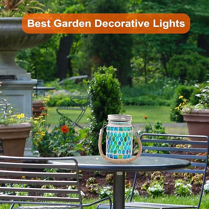 Cooo 4 Pack Mosaic Solar Lanterns Outdoor Waterproof Jar Lights Solar Powered, Hand Paste 141 Crystal Mosaics Table Hanging Garden Backyard Decor Lamps (Just a Little More, Get Double The Deligh
