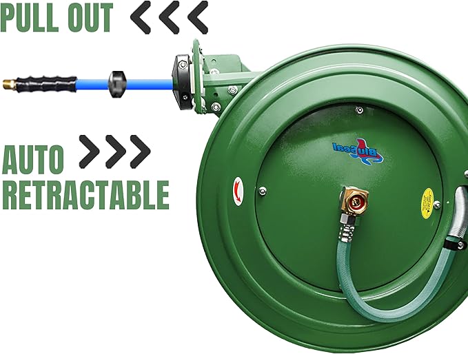 Auto Retractable Water Hose Reel with Hot & Cold Water Rubber Garden Hose, Spray Nozzle - Ultra Light, Super Strong with 6' Lead-in Hose (5/8โ x 50โ Green)