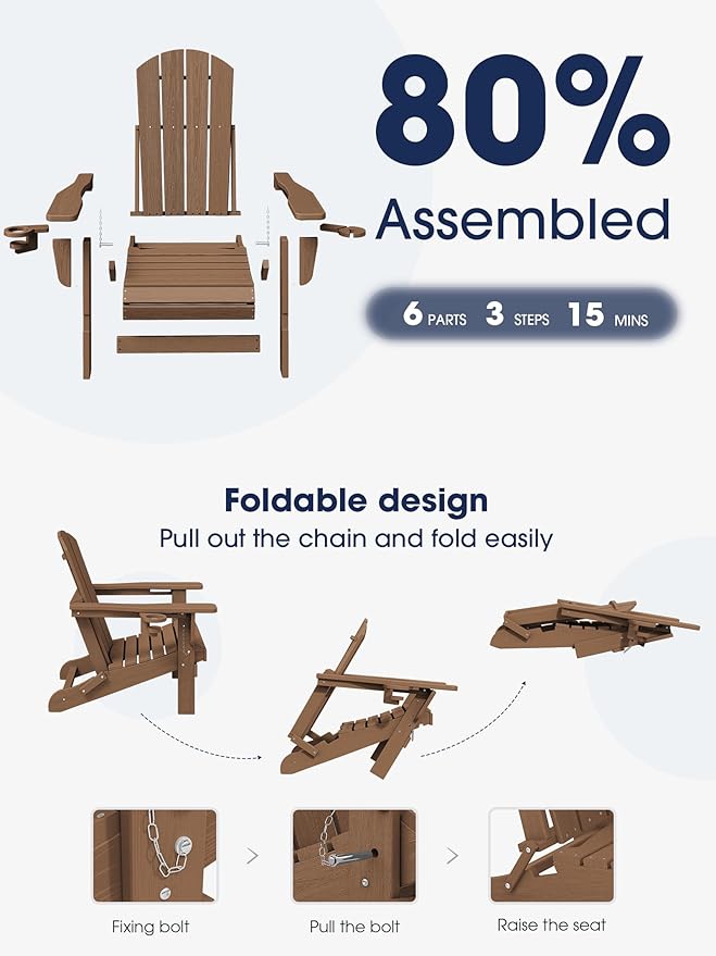 KINGYES Folding Adirondack Chair Set of 2, Dual Cup Holders & All-Weather HDPE, Wood-Like Patio Chair for Backyard, Camping, Pool & Fire Pit, Brown