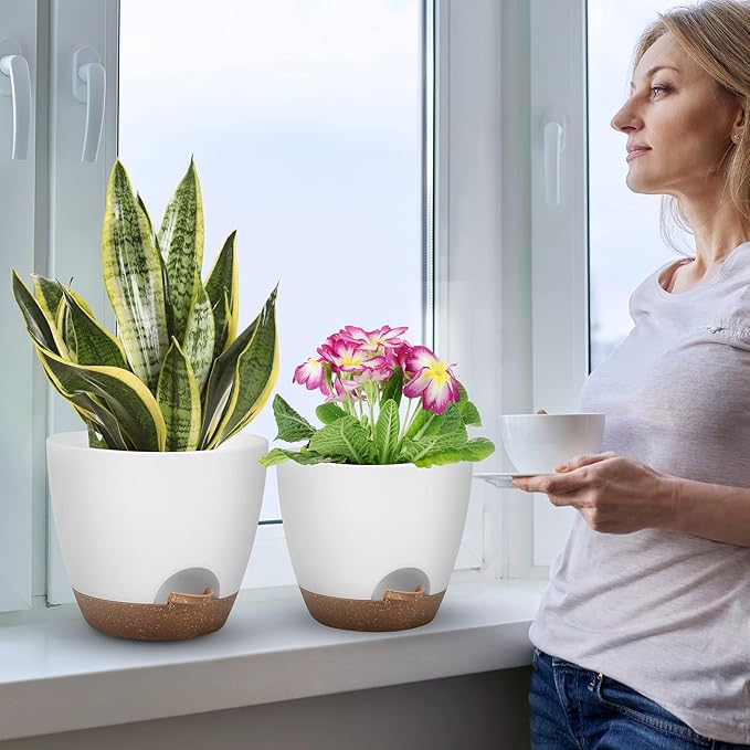 Plant Pots 10/9/8/7.5/7 Inch Self Watering Pots, Set of 5 Plastic Planters with Drainage Holes and Saucers,Plastic Flower Pots,Nursery Planting Pot for Indoor Out Door Plants๏ผWhite๏ผ
