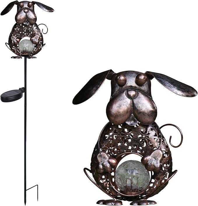 KAIXOXIN Garden Solar Lights Metal Dog Crackle Glass Globe Stake Light,Waterproof Warm White LED Solar Path Lights (Dog-Bronze)