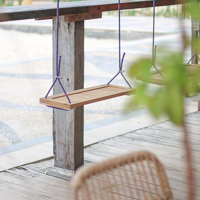 Teak Wooden Swing, Outdoor Wood Tree Swing Seat for Kids or Adults for Backyard Columpio, Height Adjustable (19.8x9inch)