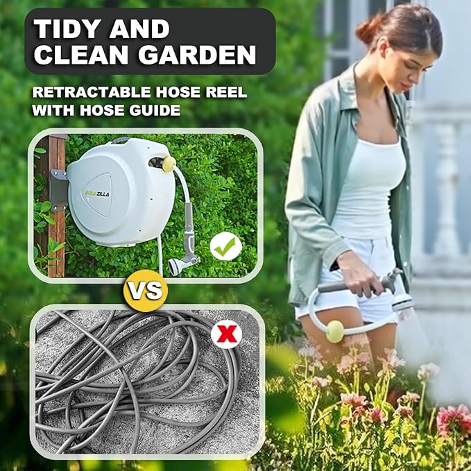Retractable Garden Hose Reel, 1/2 in 75+6ft, Heavy Duty Wall Mounted Water Hose Reel, Spring power Automatic Rewind, Any Length Lock, 180ยฐ Swivel Bracket, 10 Pattern Spray Nozzle