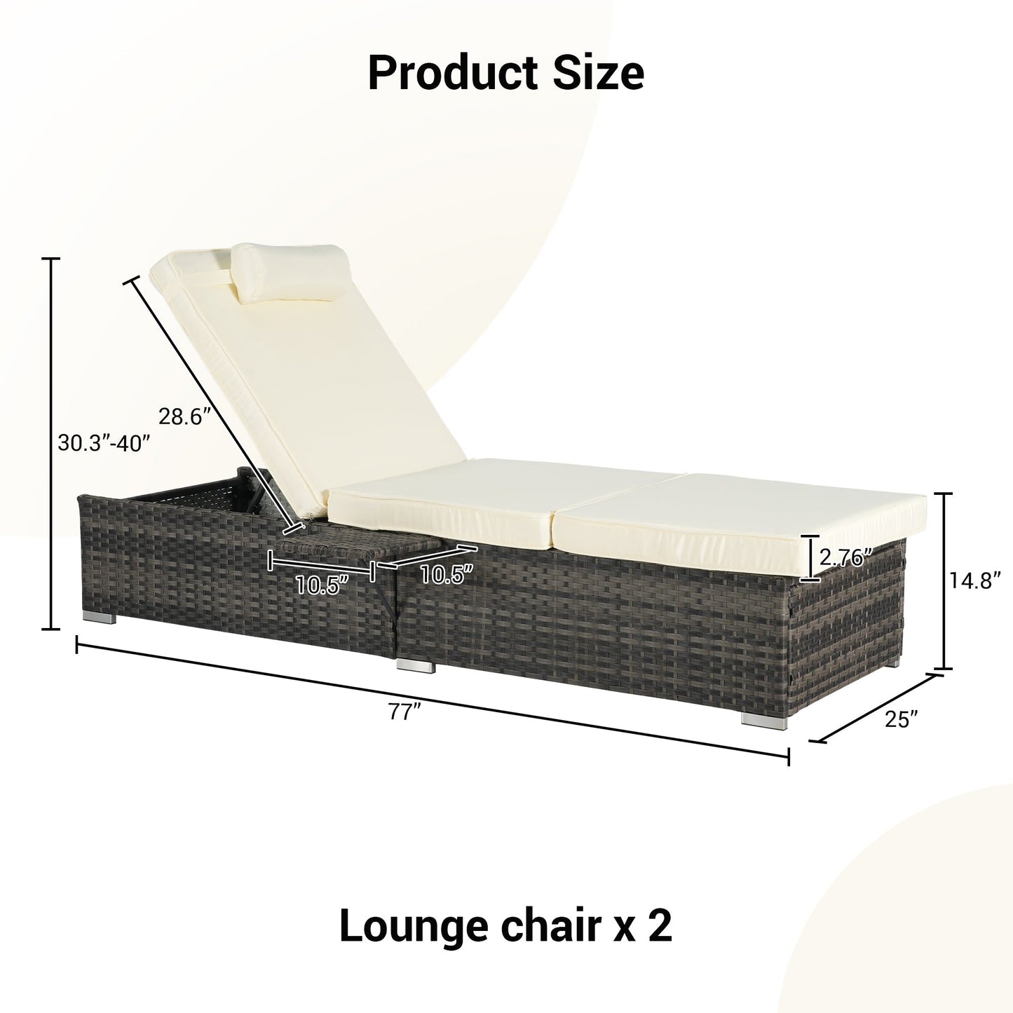Outdoor Chaise Lounge Chair Set of 2 with Storage and Cushions