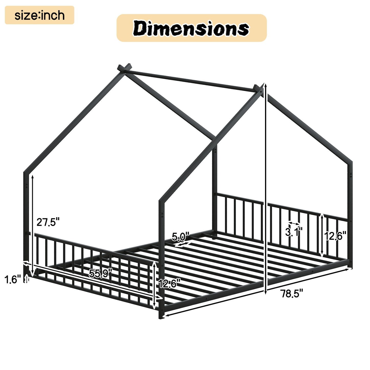 Full Size Rooftop Bed Frame LED Lights For Kids - Black
