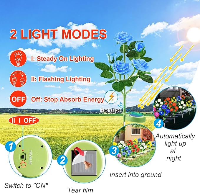 Solar Flower Lights Outdoor - Upgraded New Material Two Modes Realistic LED Solar Powered Waterproof Lights with 20 Roses, Solar Decorative Stake Lights for Garden (Blue, 4 Pack)