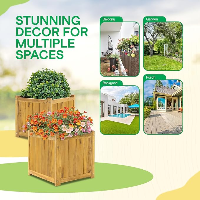 IDZO Set of 2 Acacia Wood Flower Planters for Outdoor Plants, Ergonomic Handles, Drainage Holes, Various Sizes, Ideal for Home Dรฉcor, Golden Teak