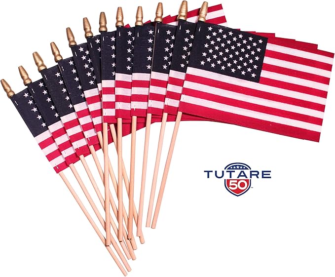 American Flags on Stick - Handheld Spearhead US Flag for 4th of July, Memorial Day Event Decorations - Patriotic Decor for Indoors & Yard - Wooden Stick, Cotton Fabric - (8"x12" -24 Pack)