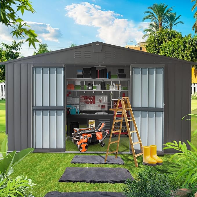 Domi Outdoor Storage Shed 11โ x 9โ, Metal Sheds with Galvanized Steel Frame & Windows & Lockable Door, Garden Shed Tool Storage Room for Patio, Grey