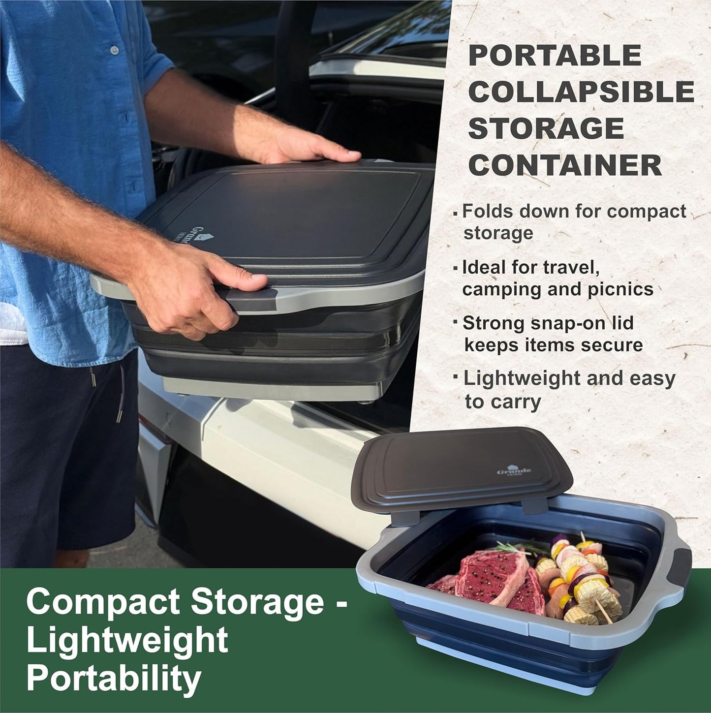 BBQ Prep Tub Collapsible X-Large with Cutting Board, Locking Lid โ Meal Prep Food Prep Containers with Lids for Resting Meat โ3 Adjustable Height - Ideal for Camping, Picnic, Dish Basin
