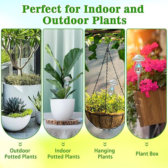 Plant Watering Globes, 4PCS Iridescent Rainbow Gradient Color Clear Glass Mushroom Self Watering Spikes Planter Insert, Automatic Plant Waterer Bulbs Devices for All Plants 9" L ร 3.5" D