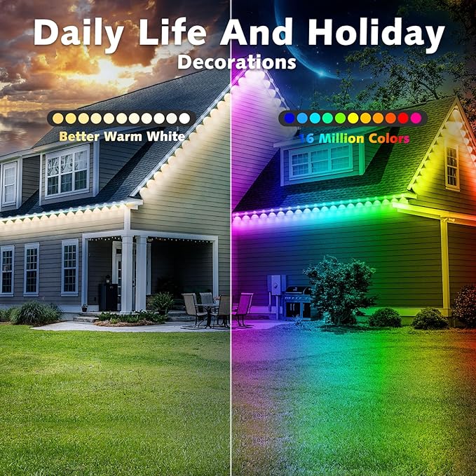 400FT Permanent Outdoor RGB Lights,IP67 Waterproof Smart LED Eaves Lights with App/Remote Control,for Christmas and All Holiday Decor,Daily and Accent Lighting,House Roof and Garden Lighting