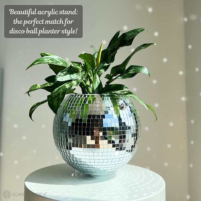 SCANDINORDICA Disco Ball Planter โ Value Package: Mirror Disco Planter with Chain, Macrame Hanger and Acrylic Stand for Desk, Includes Self Watering Insert, Eclectic Home Decor | 10 inch Silver