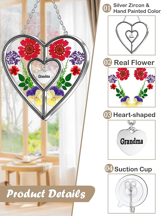 KY&BOSAM Heart Suncatchers Grandma Gift Ornament Stained Glass Sun Catcher Garden hangings Windows with Pressed Flower Heart Embedded in Glass Gifts for Grandma Mother`s Day Birthday Gifts