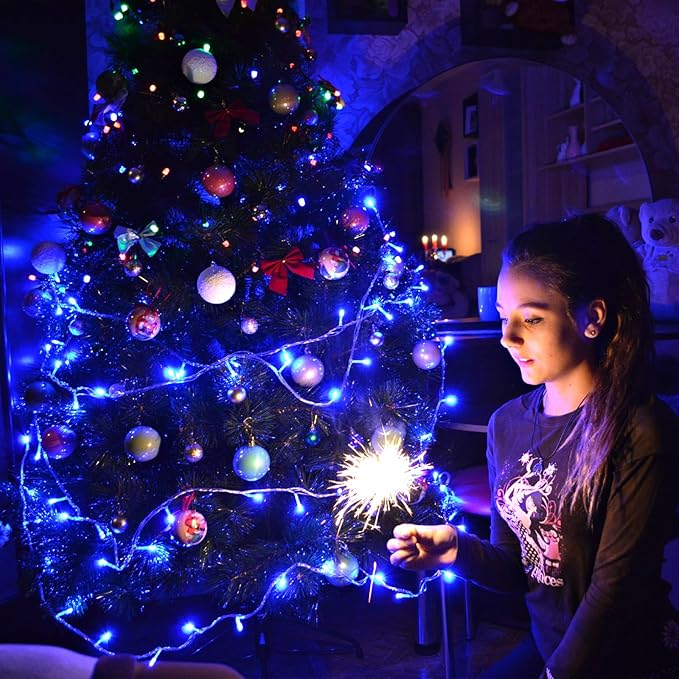 Vivideal 300 LED Christmas Lights Outdoor - 99ft Extra Long Christmas String Lights 8 Modes Plug in Waterproof Fairy Lights with Timer Memory for Indoor Outside Bedroom Home Party Decoration, Blue